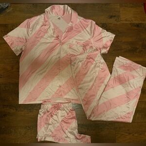 Victoria's Secret Women's 3 Piece Pajama Set XL Silky Top, Pants, Shorts
